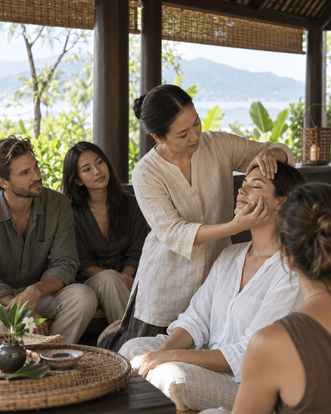 A Diện Chẩn practitioner working with a seated guest in Da Nang