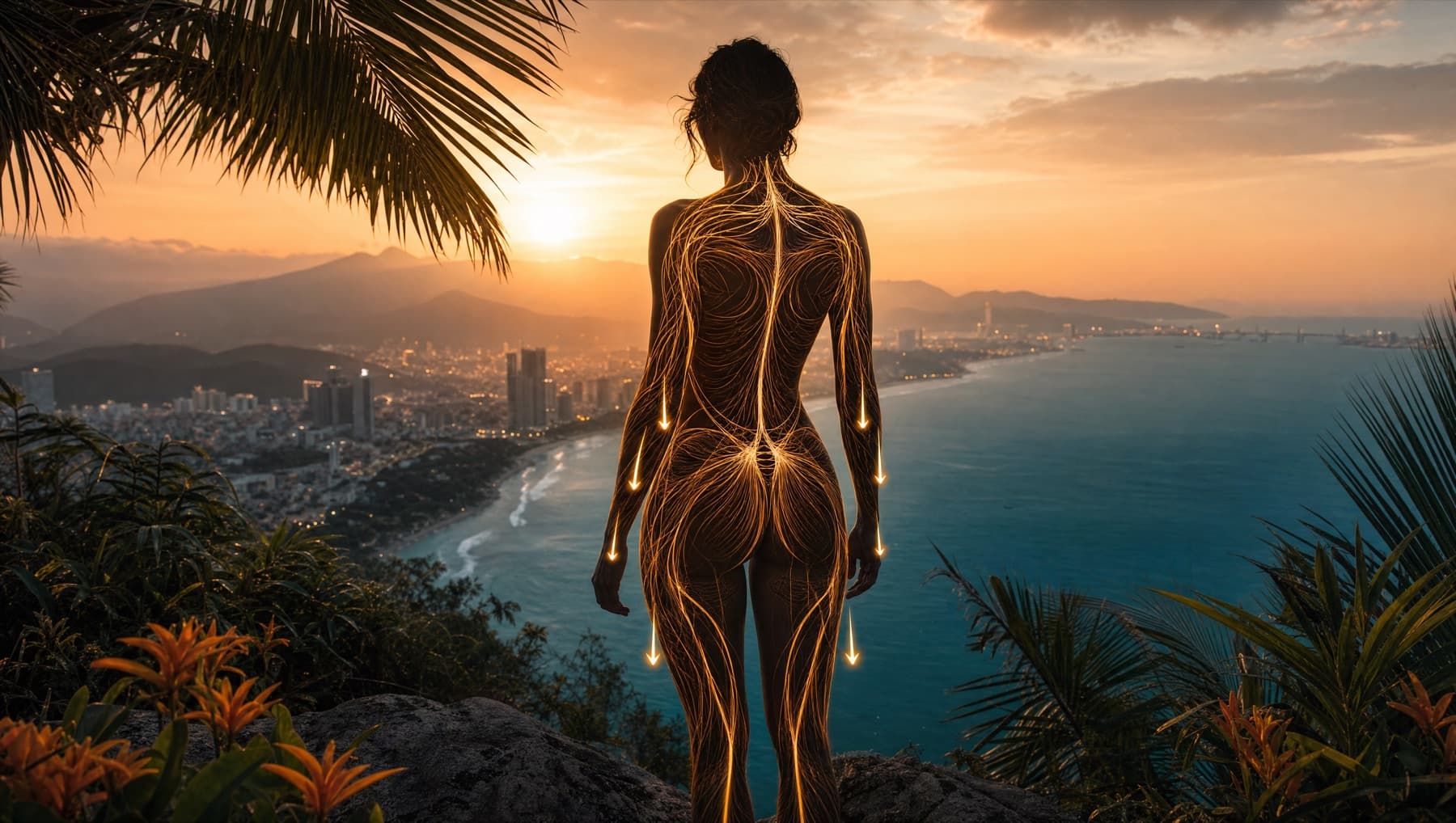 Illustrated silhouette with luminous anatomical pathways overlooking the Da Nang coastline at sunset.