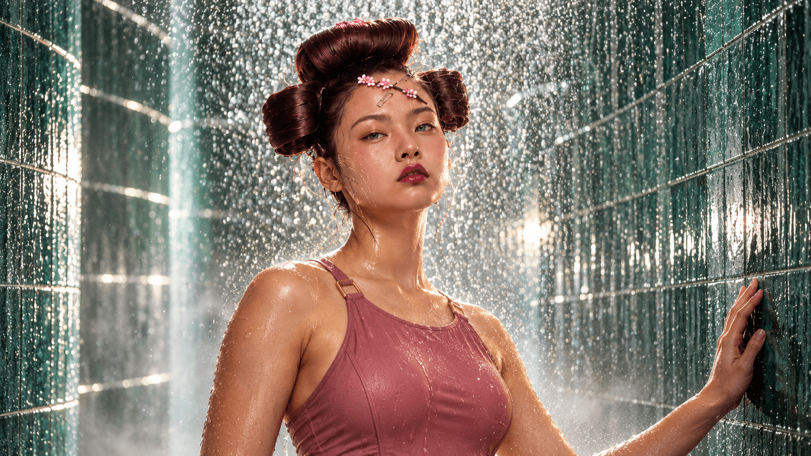 A restorative rain shower experience surrounded by emerald tile and water